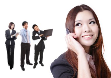 Business woman speaking phone with group clipart