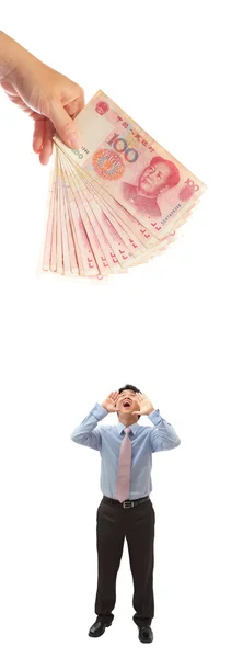 Człowiek biznesu krzyku głośno do pieniędzy — Zdjęcie stockowe