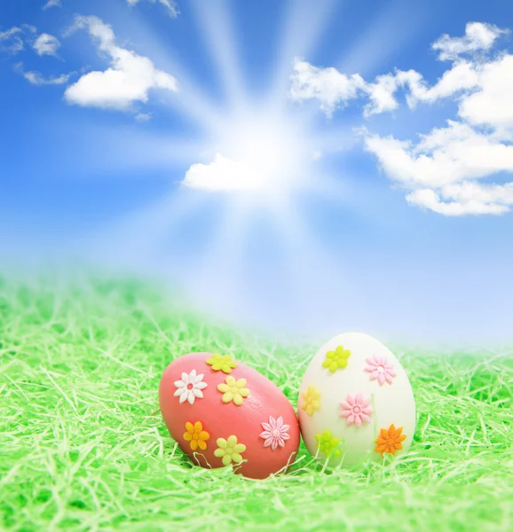 Húsvéti tojás a fű kék ég — Stock Fotó