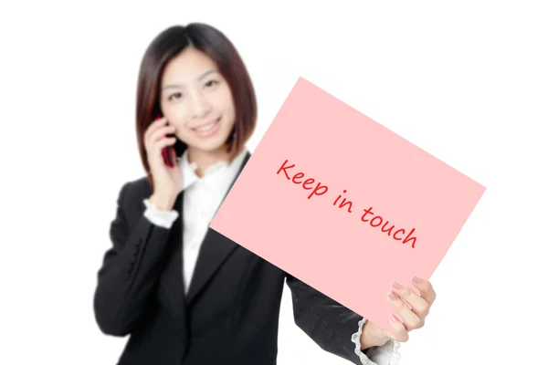Business woman speaking phone and take paper — Stock Photo, Image