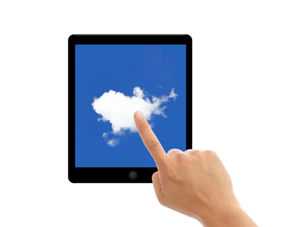 Punto de dedo tableta pc con nubes en la pantalla — Foto de Stock