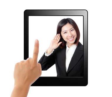 Tablet pc and business secretary listen in screen clipart