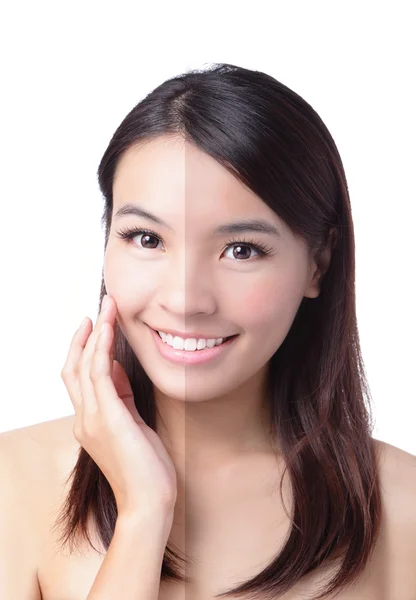 Πρόσωπο γυναίκας με μισό δέρμα μαυρίσματος (πριν και μετά) — Φωτογραφία Αρχείου