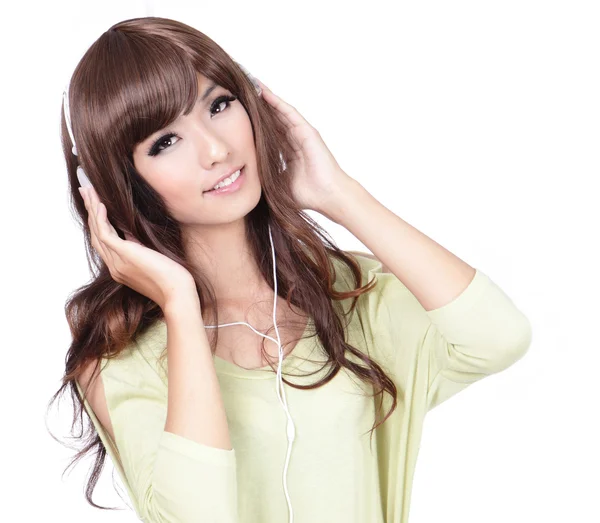 Sweet girl happy listen music with smile face — Stock Photo, Image