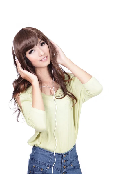 Sweet girl happy listen music with smile face — Stock Photo, Image