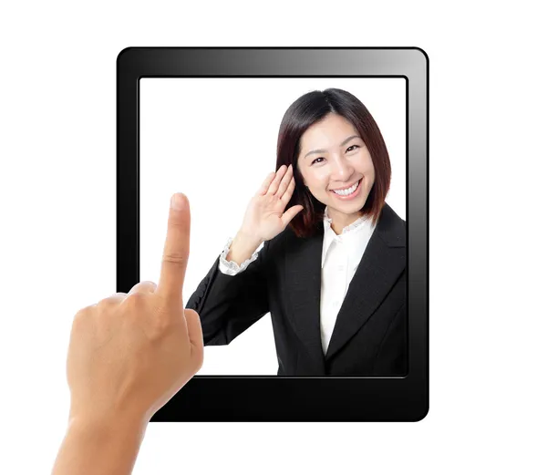 Tablet pc och business sekreterare lyssna i skärmen — Stockfoto