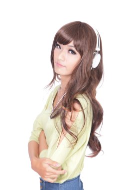 Young beautiful cool woman listen music clipart