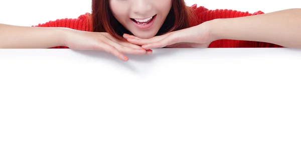 Felice donna sorriso bocca con cartellone bianco — Foto Stock