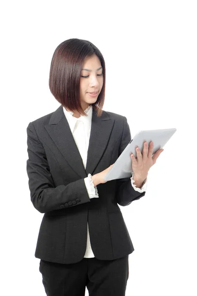 Feliz mulher de negócios usiing tablet pc — Fotografia de Stock