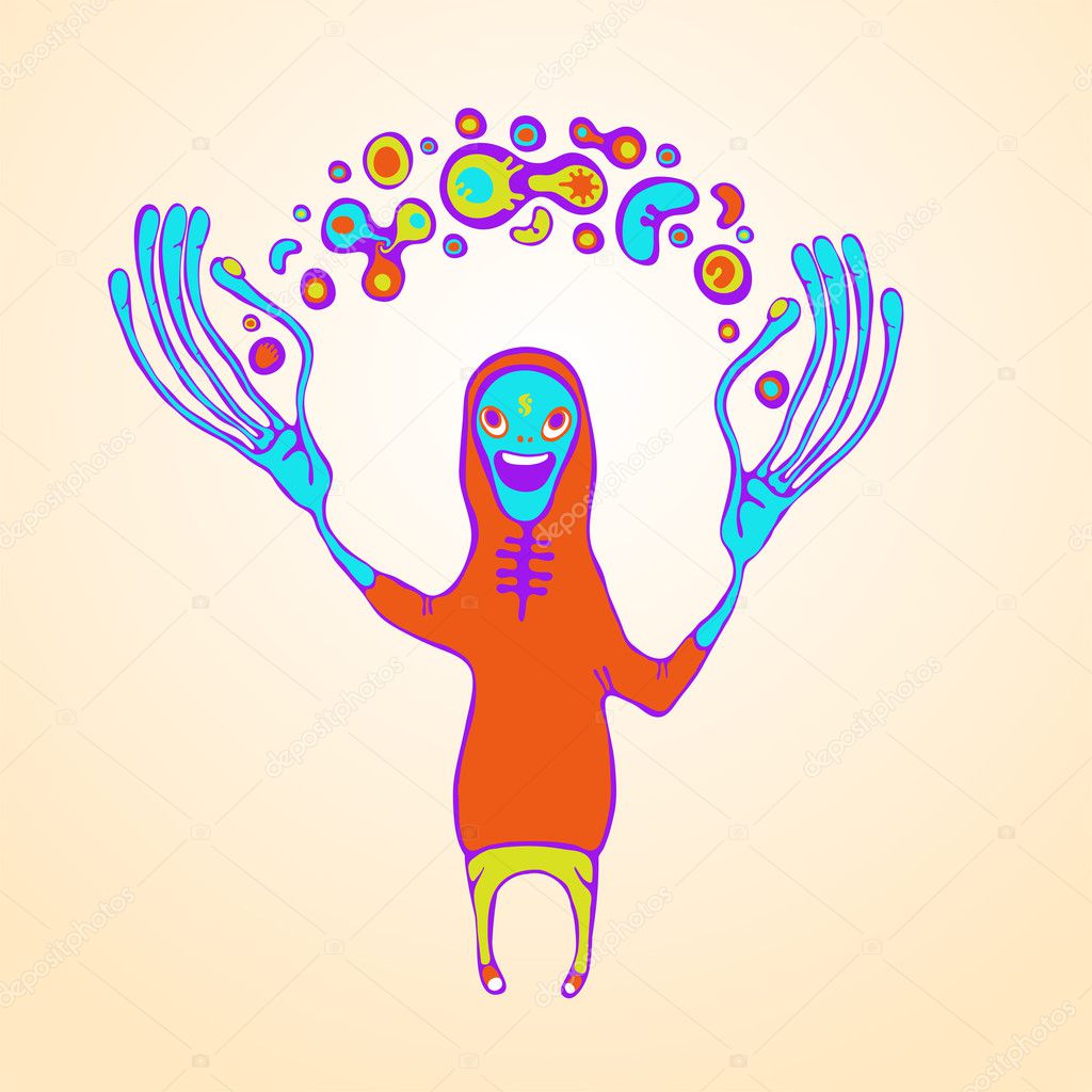 Juggling doodle monster. vector illustration