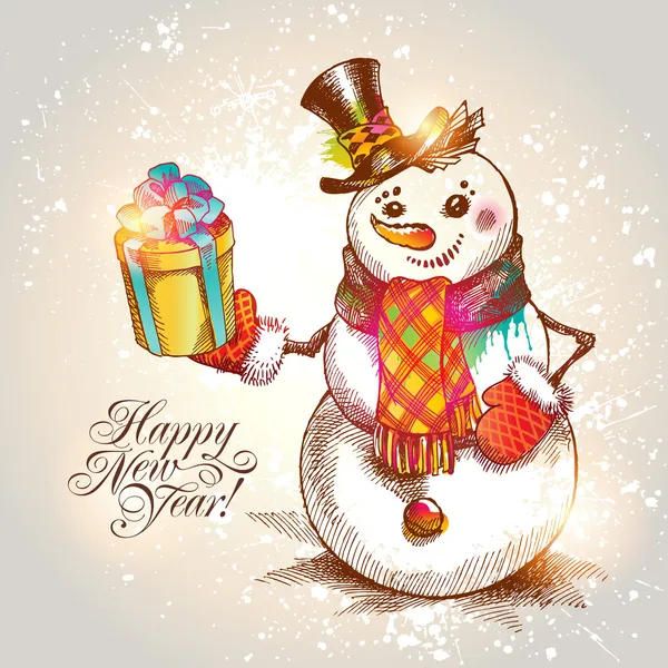 Natale. Pupazzo di neve disegnato a mano con regalo. Illustrazione vettoriale . — Vettoriale Stock