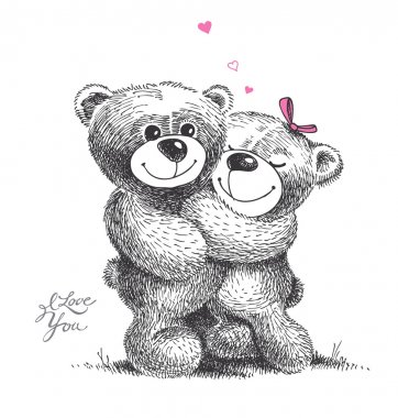 Couple of hugging teddy bears with small hearts. Hand drawn illu