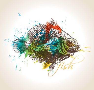 The vintage fish with colorful drops and sprays on a beige backg clipart