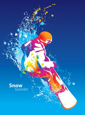 The colorful figure of a young man snowboarding on a blue sky ba clipart