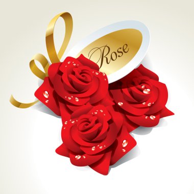 Three red roses in dewdrops with golden ribbon and paper sticker clipart