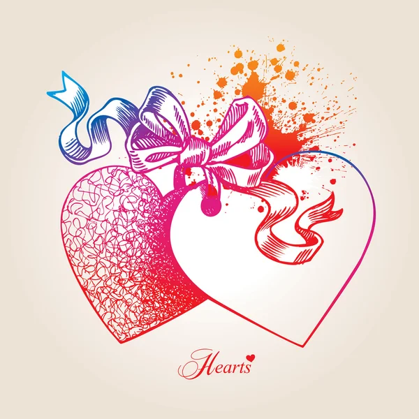 2 つの心、弓、リボン、ベージュの背景に隠れてのバレンタイン カード — ストックベクタ
