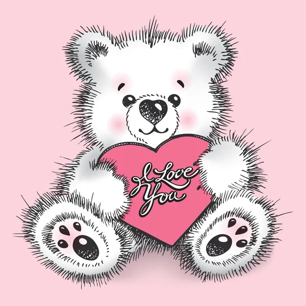 Urso de pelúcia desenhado à mão com um coração nas patas em um fundo rosa . — Vetor de Stock