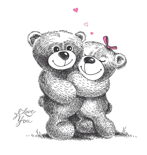 Um par de ursinhos de peluche com corações pequenos. illu desenhado à mão — Vetor de Stock
