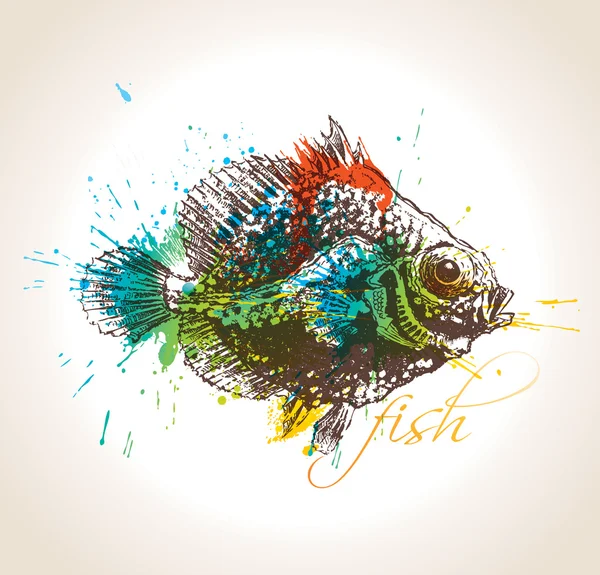 El pescado de la vendimia con gotas de colores y aerosoles en un respaldo beige — Vector de stock