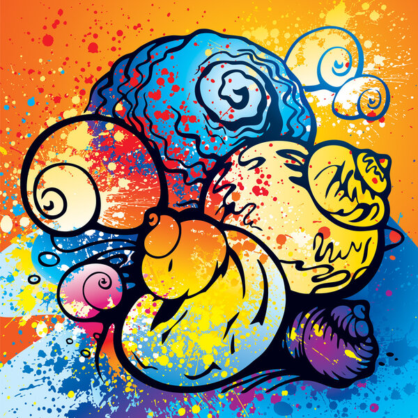 Composition of colorful abstract seashells on the beach with spr