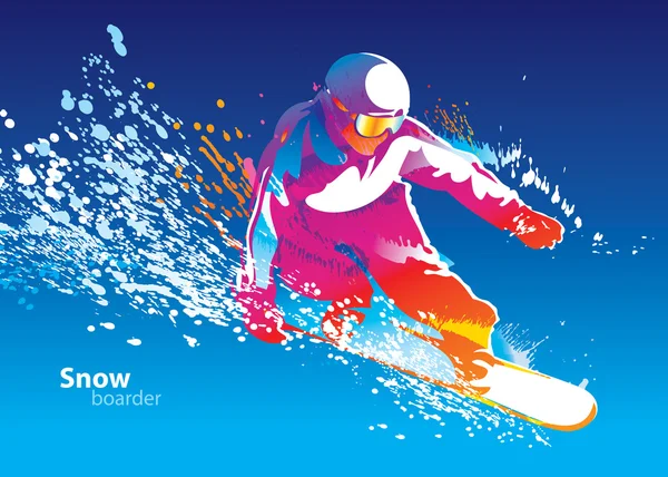 Kolorowy rysunek młodego człowieka, snowboard na ba niebieski niebo — Wektor stockowy