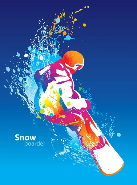 The colorful figure of a young man snowboarding on a blue sky ba — Stock Vector