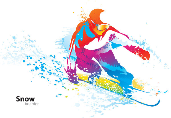 The colorful figure of a young man snowboarding with drops and s