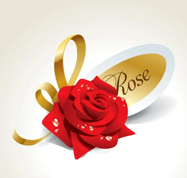Czerwona róża w rosy z złote wstążki i naklejki papier. — Wektor stockowy