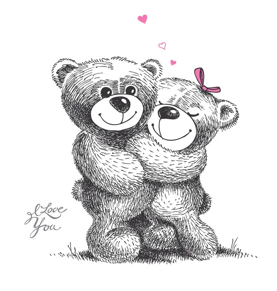 Un par de osos de peluche abrazados con corazones pequeños. illu dibujado a mano — Vector de stock