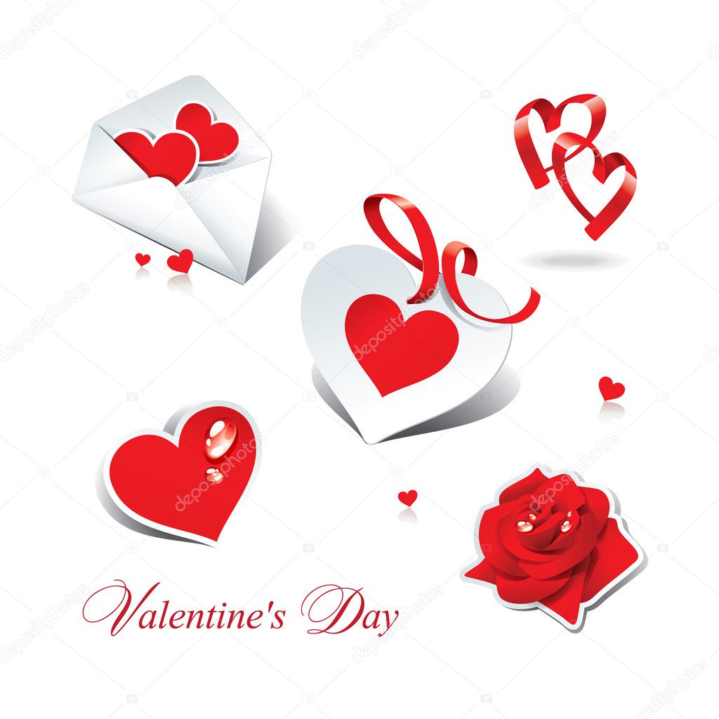 Set of romantic icons and stickers for themes like love, Valenti