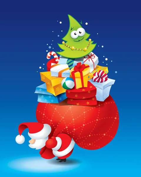Cartão de Natal com Papai Noel e muitos presentes em um pacote colorido — Vetor de Stock
