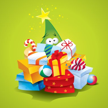Funny Christmas tree with lots of gifts on a green background. V