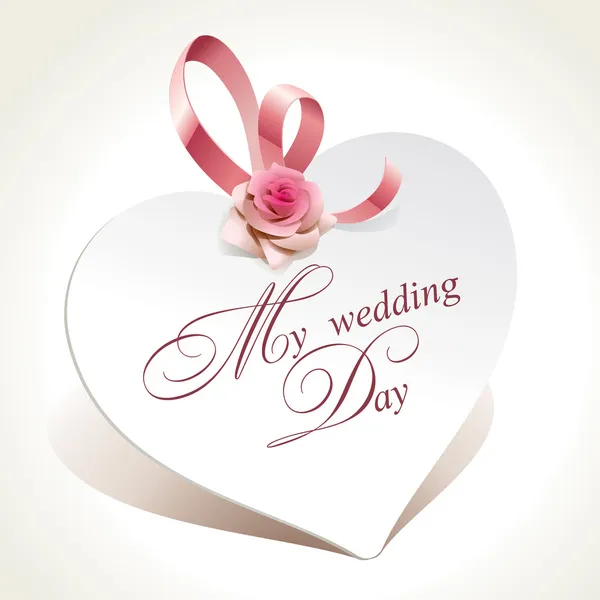 Hochzeitskarte in Herzform mit Rose und rosa Schleife. — Stockvektor