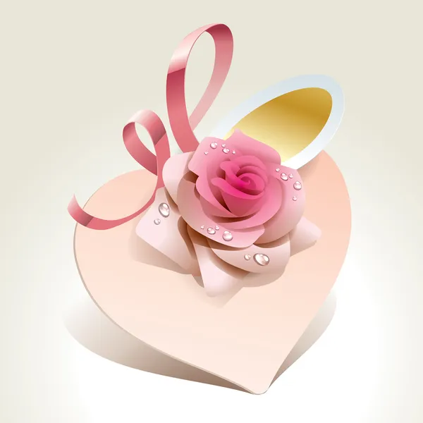 Tarjeta de boda en forma de corazón con rosa y cinta rosa . — Vector de stock