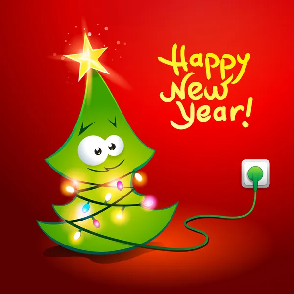 Divertido árbol de Navidad envuelto por una guirnalda brillante. Ilustración vectorial — Vector de stock