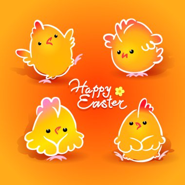 Easter card with four chickens (roosters and hens) on the orange