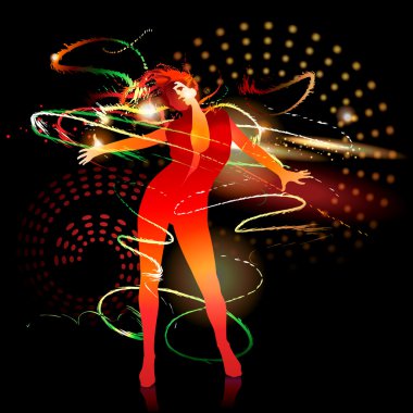 Dancing girl with shining splashes on a dark background. Vector