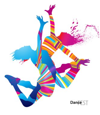 Two dancing girls with colorful spots and splashes on white back
