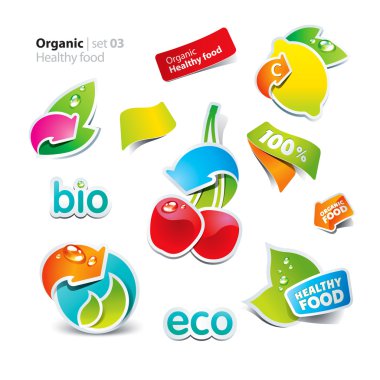 Set of stickers and icons of healthy and organic food