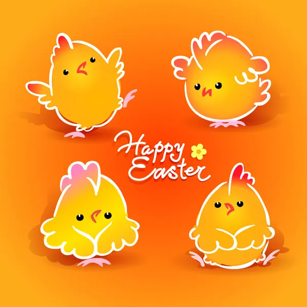 Tarjeta de Pascua con cuatro pollos (gallos y gallinas) en la naranja — Vector de stock