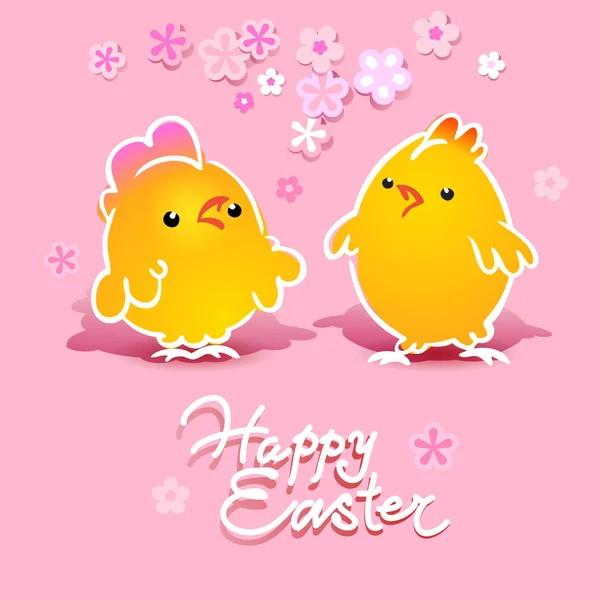 Tarjeta de Pascua con dos pollos (gallo y gallina) sobre un fondo rosado — Vector de stock