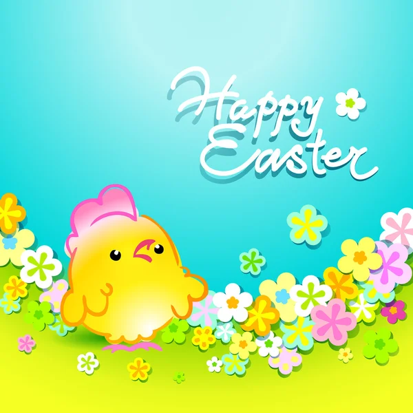 Carte de Pâques avec un joli poulet dans un pré avec des fleurs. Vecteur — Image vectorielle