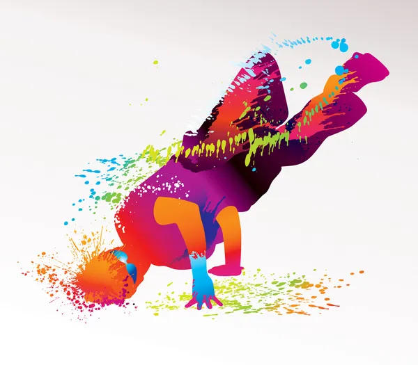 Le garçon dansant avec des taches colorées et éclaboussures sur un dos léger — Image vectorielle