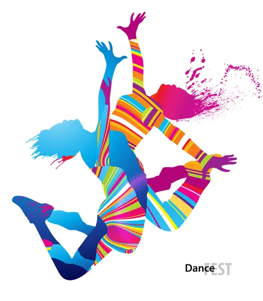 Dos chicas bailando con manchas de colores y salpicaduras en la espalda blanca — Vector de stock