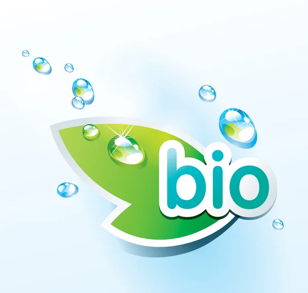 Icône bio avec une feuille verte et des gouttes d'eau. Illustration vectorielle . — Image vectorielle