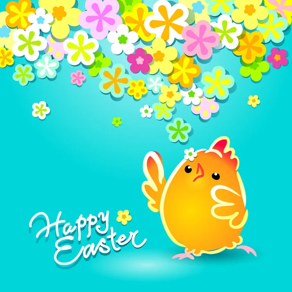 Easter card with a funny chicken on a blue background with flowe — Stock Vector