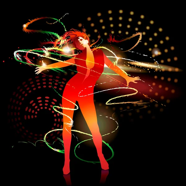Tanzendes Mädchen mit leuchtenden Spritzern auf dunklem Hintergrund. Vektor — Stockvektor