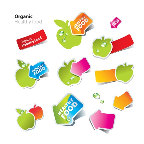 Klistermärken och ikoner av hälsosam och ekologisk mat — Stock vektor