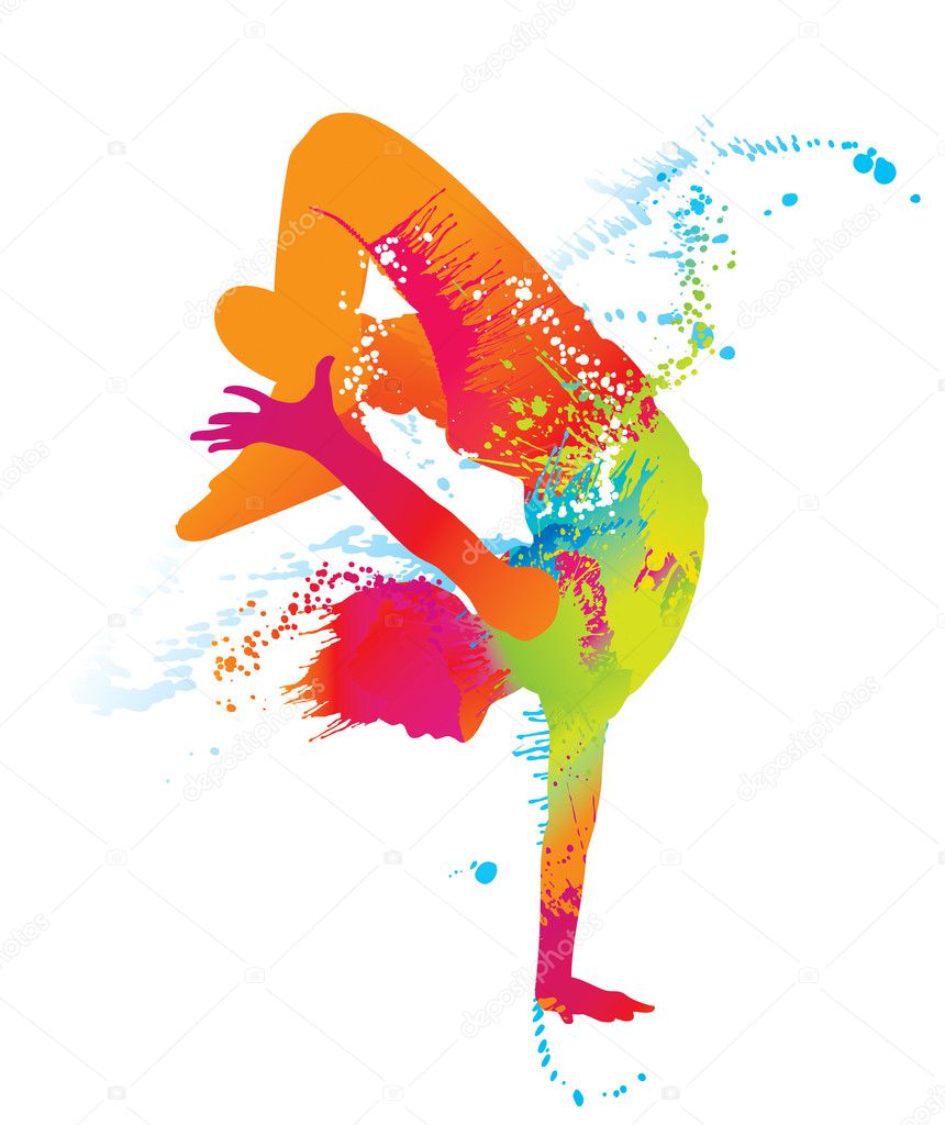 The dancing boy with colorful spots and splashes on white backgr