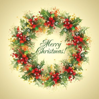 Christmas card. The holly wreath on a beige background. Vector i